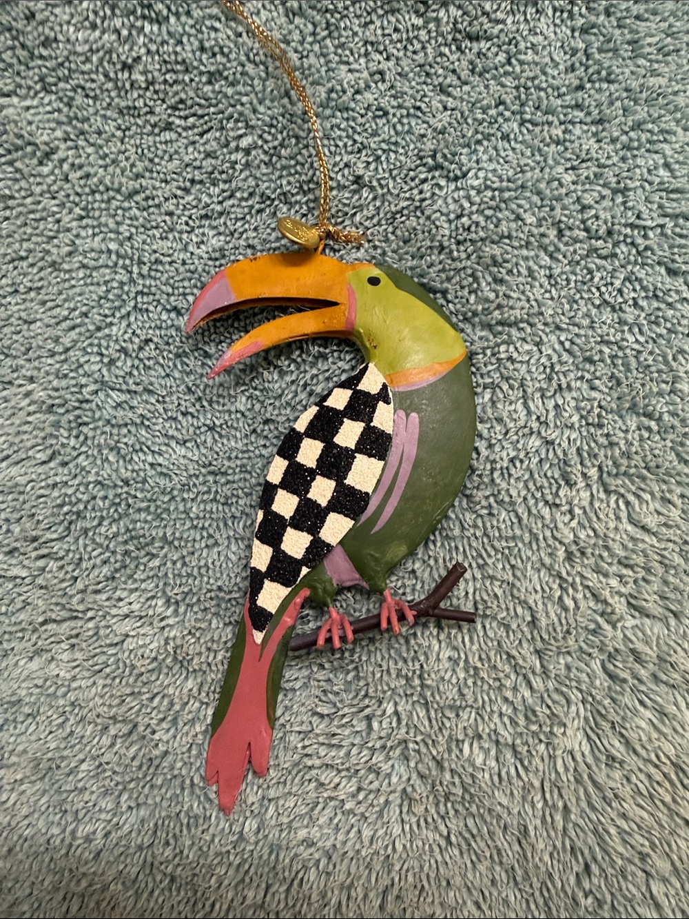 MacKenzie-Childs Hand-Painted Toucan Ornament in Green, Pink and Yellow